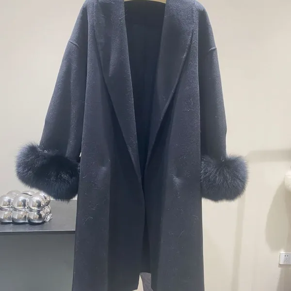 Zhou Miao's Same Style Wool Coat for Women Autumn/winter, High-end Style, Fox Fur Mid-length Woolen Coat With Cuffs, French Style photo-2