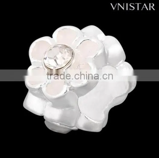 Vnistar Hot Silver Plated Light Pink Enamel Beads, Flower Shaped European Bead With Clear Crystal PBD1857 photo-2
