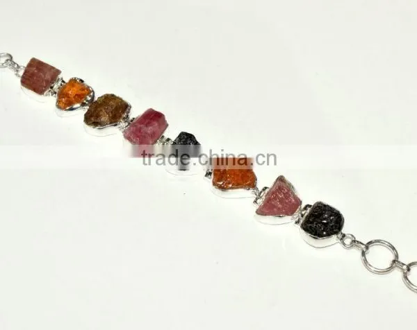 Raw Multi Tourmaline Gemstones 925 Sterling Silver Bracelet