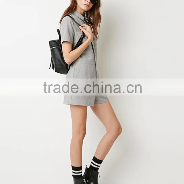 Women's Short Sleeve Double Pocket Tie Solid Grey Casual Jumpsuits photo-3