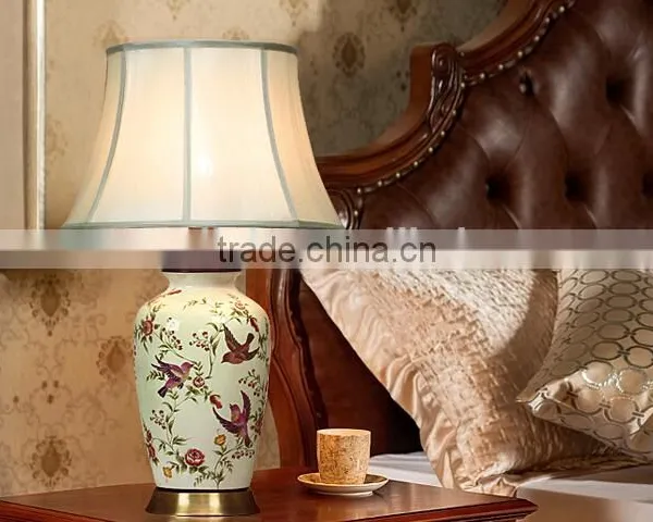 Metal Base In Antique Brass Printing Birds Ceramic Body With Fabric Lampshade Vintage Style Decorative Table Lamp photo-3