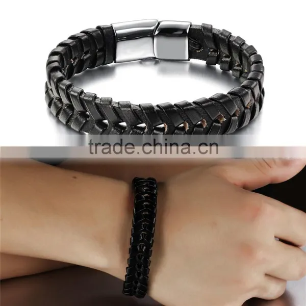 Custom Handmade Bracelet for Men Braided Black Leather Flat Bracelet photo-4