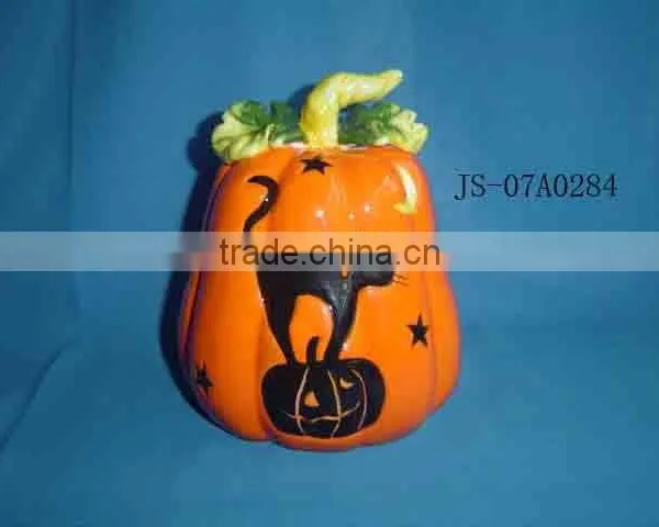 Ceramic Pumpkin Decoration With Cat/ Halloween Items
