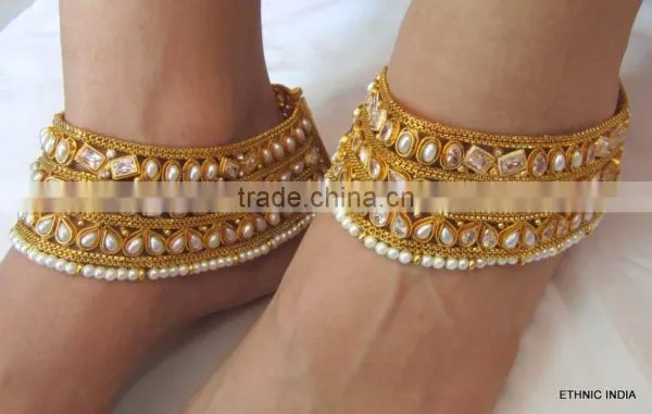 Designer PEARL Polki Payal ANKLETS Pair Feet Bracelet Gold Plated photo-5