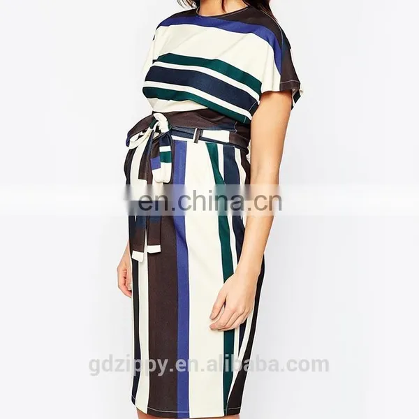 Short Sleeve Tie Waist Detail Stripe OEM Fashion Maternity Wear photo-2