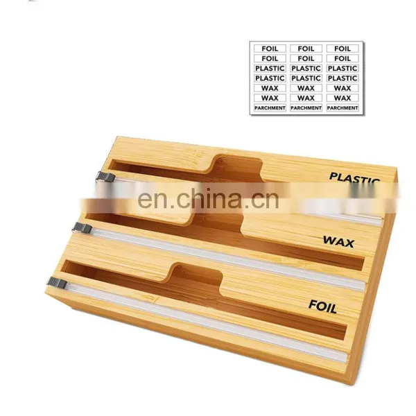 Eco-friendly Bamboo 3 in 1 Foil and Plastic Wrap Dispenser With Slide Cutter Wall Mount Kitchen Tabletop Home Storage Organizer photo-2