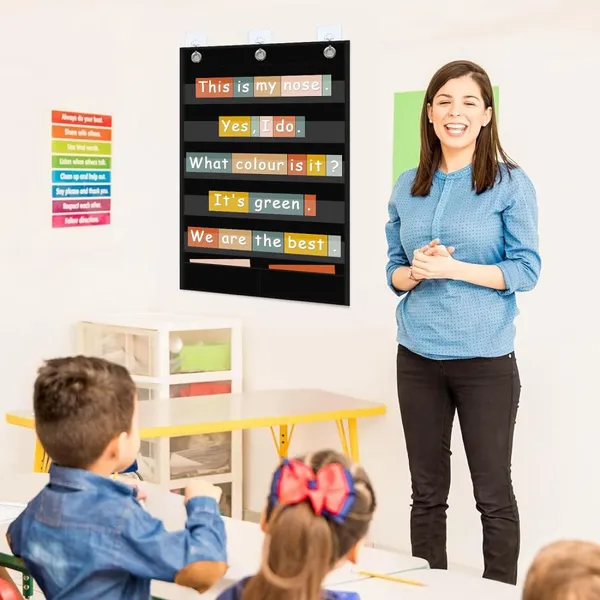 7+2 Pockets Standard Pocket Chart, Clear 7 Pockets Words Chart With 2 Extra Storage Pocket for Classroom Home Office Use, Sentence Strips photo-2