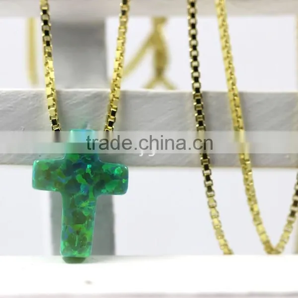 Synthetic Kiwi Green Opal Cross Pendant With 18K Plated 925 Sterling Silver Chain Necklace photo-2