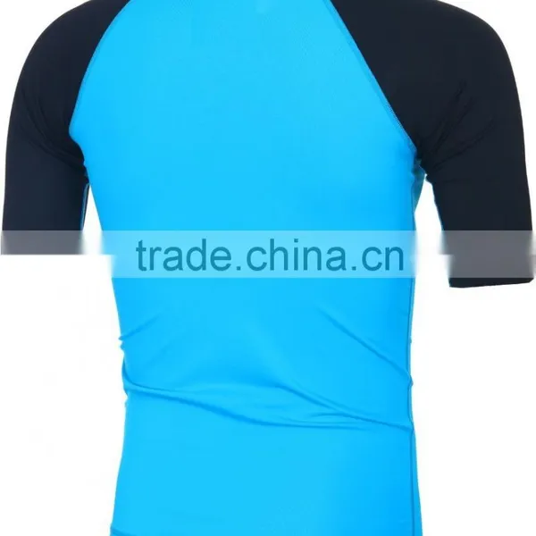 92% Polyester 8% Spandex (Lycra) Plain Cyan Short Sleeves Compression Shirt / Rash Guard With Black Sleeves photo-2