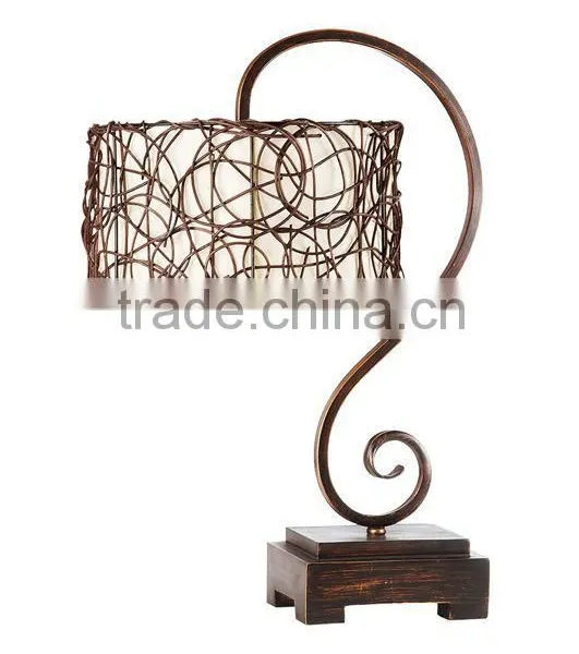 Vintage Scroll Metal Table Lamp With Rattan Shade