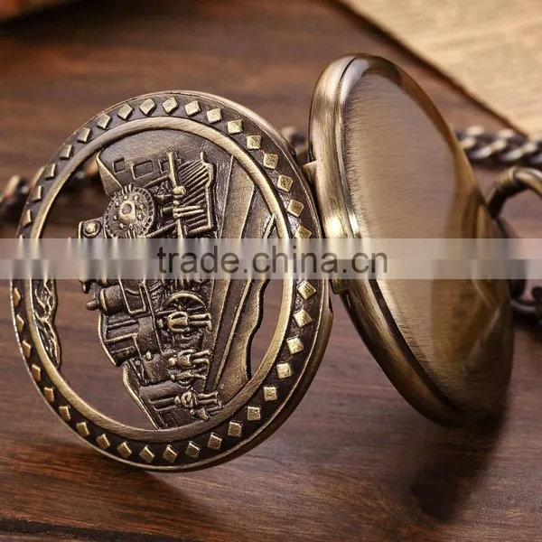 Bronze Steam Train Men Analog Necklace Chain Pocket FOB Quartz Watch photo-5