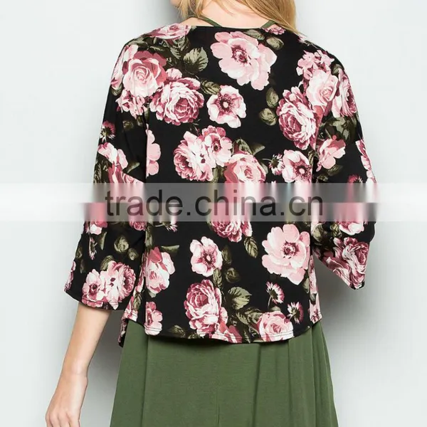 Top Selling Products In Trendy Style Soft Cardi Breezy Black Floral 3/4 Sleeve Knitwear Cardigan photo-2