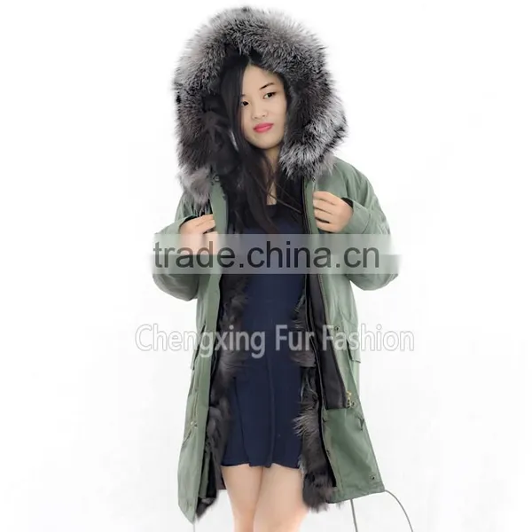 CX-G-P-04 Wholesale Winter Real Silver Fox Fur Lining Army Green Fur Parka Coat photo-2