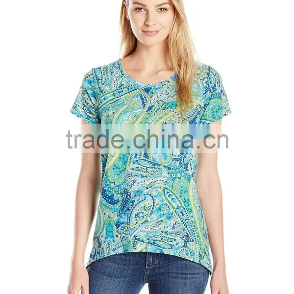 Women's Printed Slub Short Sleeve Neck In Cabana Paisley Print Customizable T Shirt photo-3