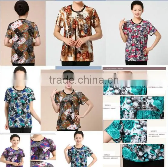 2017 New Middle-aged Women's Ice-silk Round Neck T-shirt Single Large Size Mother Loaded Short-sleeved Shirt photo-2