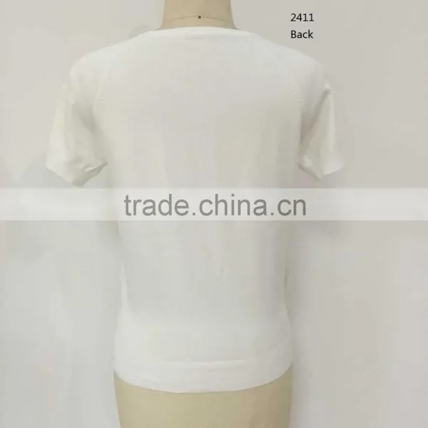 Lady's 2016 Spring/summer Crew Neck Short Sleeve Pullover With Hotfix Stone on Front Sweater