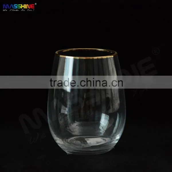 Mouth Blown Stemless Wine Glass With Gold Rim