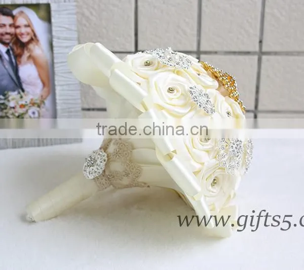 Gold Wedding Bouquet Handmade Flowers Wedding Flowers With Rhinestones photo-3