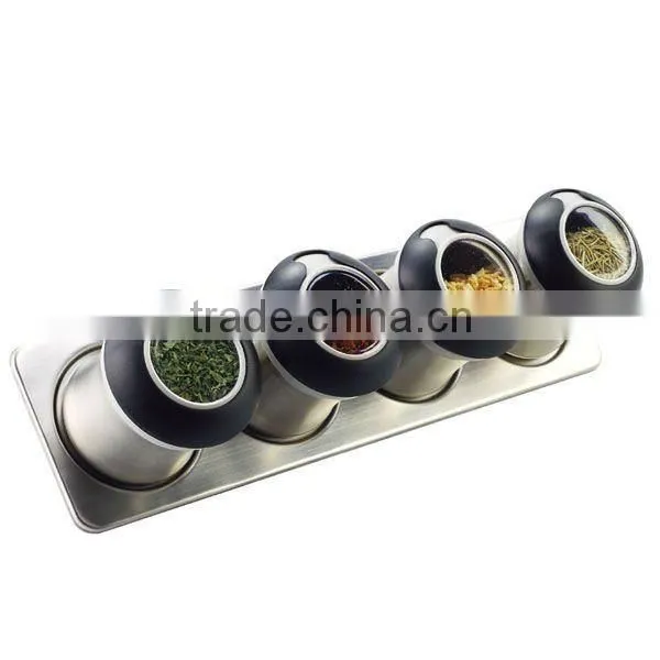 SINOGLASS 4Pcs Ergo Q SS Spice Jar With ABS Lid and Magnet Concept on the SS Base