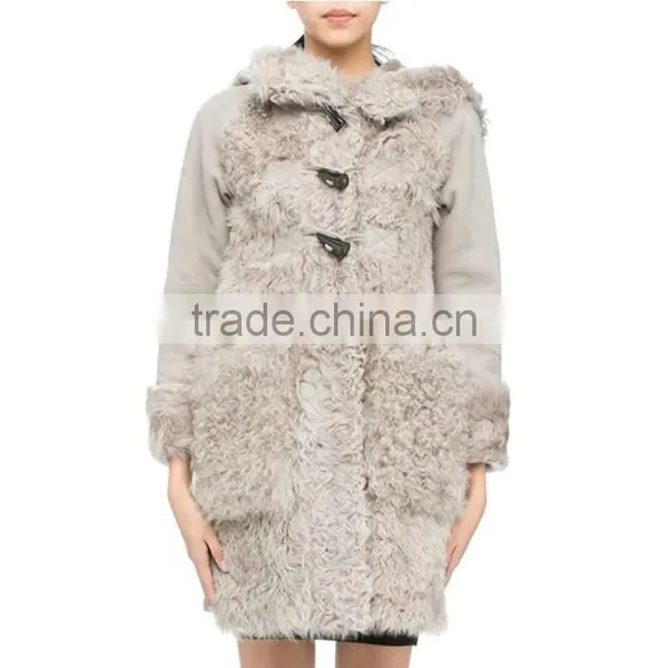 Customized Ladies' Long Chinese Full Lambskin Hooded Coat With Horn Toggles Button photo-2