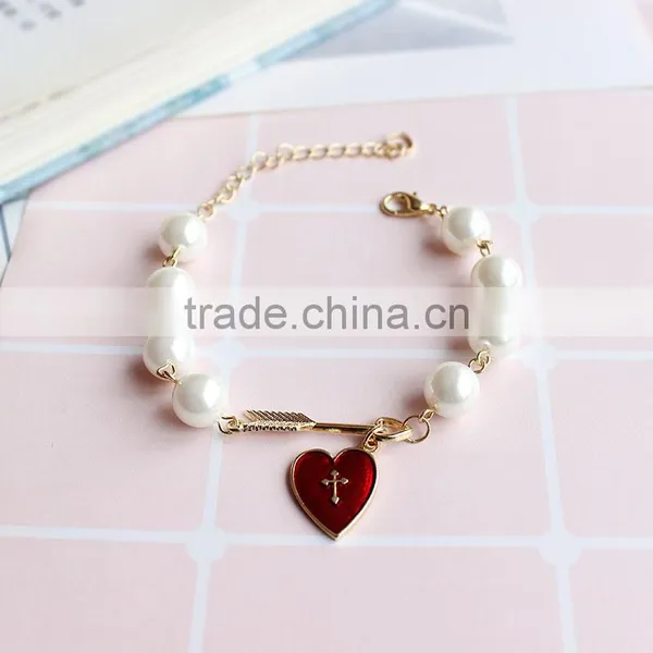 Cupid Arrow Love Bracelet Gold Arrow Red Enamel Cross Heart Charms Pearl Bead Link Bracelet photo-2