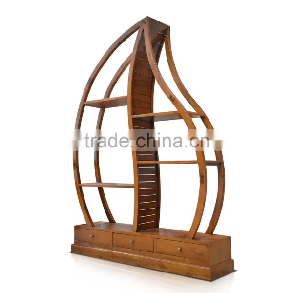 Book Rack Leaf With 3 Drawers Natural Teak Wood Furniture photo-3