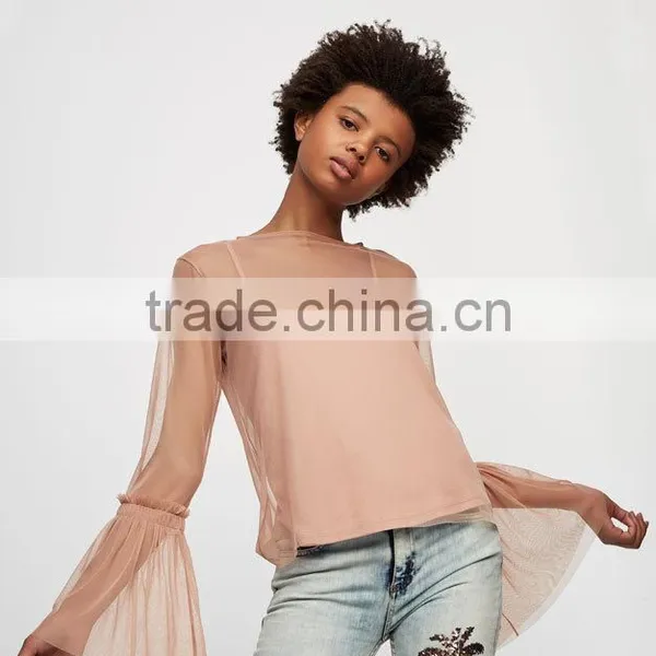 Wholesale Woman Fashion Ruffle Flounced Sleeve Soft Mesh Lady Tops photo-2