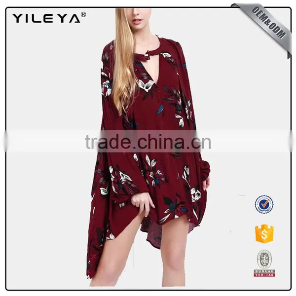 2017 Deep-v Floral Printed Loose Long Sleeve Sexy Chiffon Dress for Lady photo-2