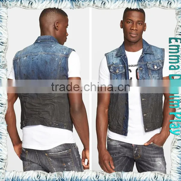 Fashion Mens Dirty Washed Denim Vest With Contrast Color photo-2