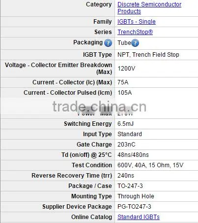 NPT, Trench Field Stop Standard IGBTs IKW40T120 IGBT 1200V 75A 270W TO247-3 photo-3