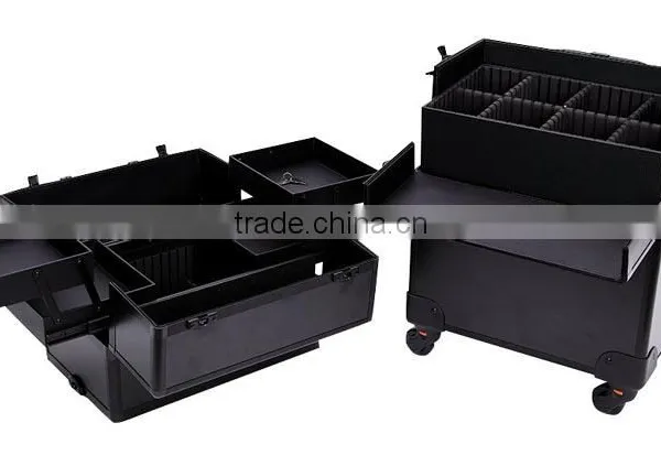 Professional 4-in-1 Trolley Makeup Artist Case,professional Cosmetic Trolley Cases,OEM Black Rolling Aluminum Makeup Vanity Case photo-5