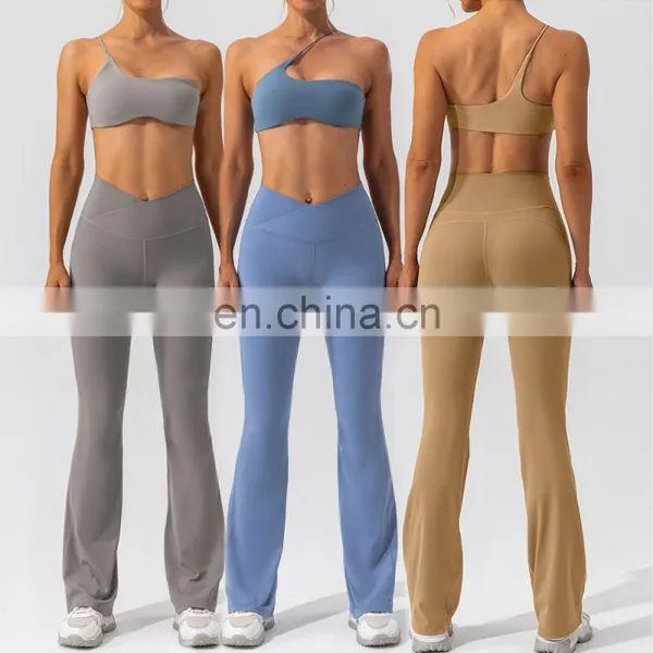Fashion Sexy Gym Fitness Sets Thin Strap One Shoulder Sports Bra V Cross Waist Flared Pants Workout Active Yoga Set For Women