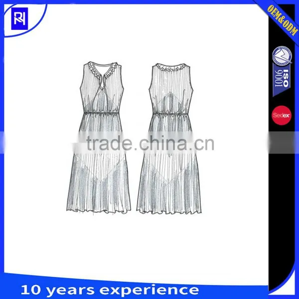 100% Polyester Fabric Pleated Solid Color Dress Ruffles Around V Neck Sleeveless Elastic Waist Elegant Latest Fashion Design photo-3