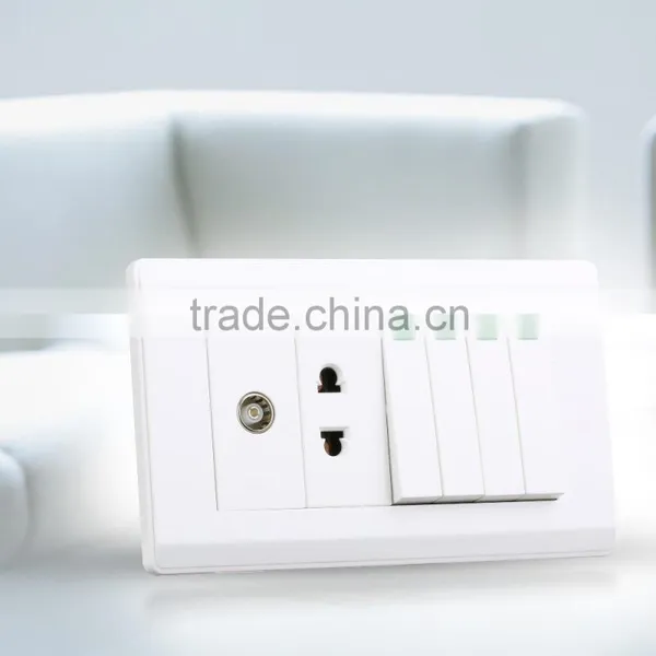 86*146mm Pakistan Series 4Gang 1Way Switch With 2Pin Socket With TV Socket in PC White