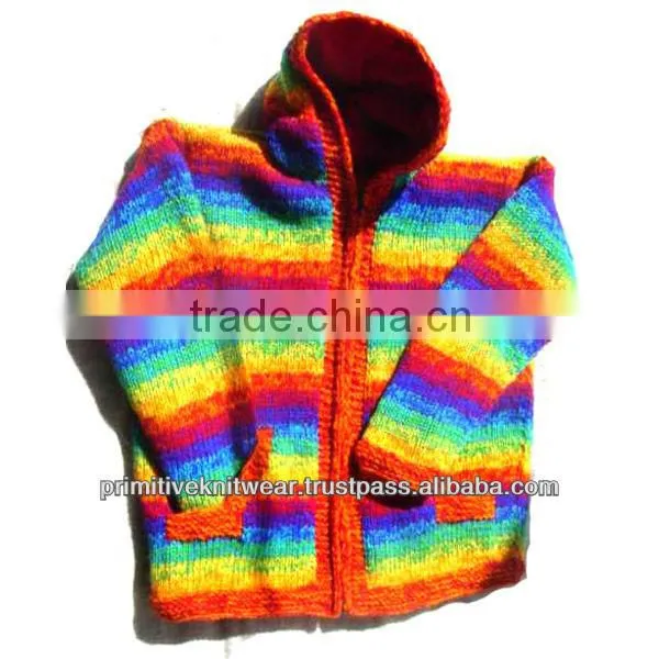 Hand Knitted Woolen Hood Sweater With Front Zipper
