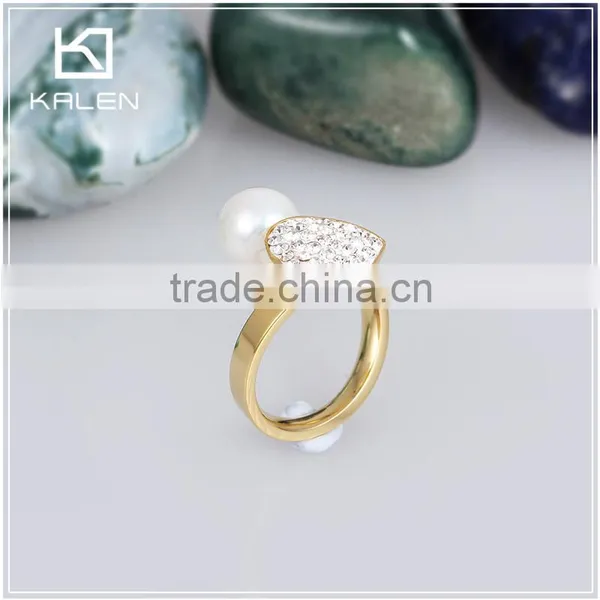 Women Vogue Big Pearl and Rhinestone Heart Design Stainless Steel Rings for KALEN photo-3
