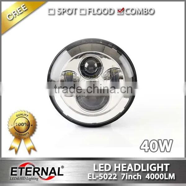 7in 40W Round Jeep Wrangler JK CJ YJ TJ LED Headlight Replacement Harley Mortorcycle Headlamp Dual Beam With H4 Plug Halo Ring