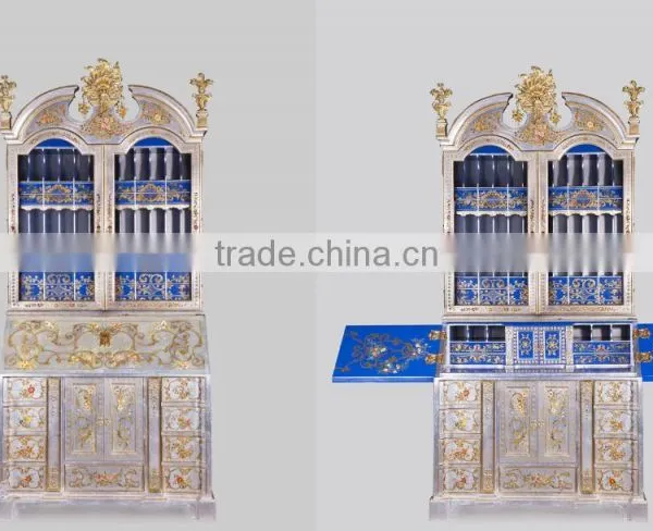 Antique Hand Carved Classic Curio Cupboard Inlaied Seasell Mosaic, Gold Gilding Wooden Display Cabinets With Flowers Paint Motif photo-3