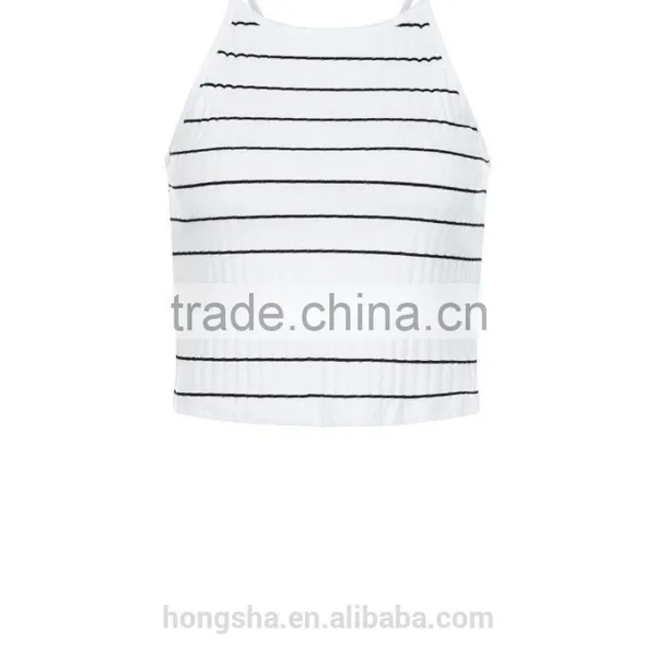 2016 Ladies Sexy White Ribbed Stripe Crop Top HST8040 photo-4