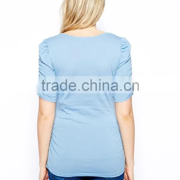 Sky Blue Plain Maternity Blouse Clothes Cheap With Ruffle Sleeve photo-2