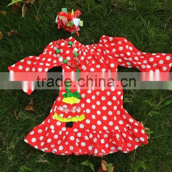 Baby Girls Christmas Red White Polka Dot Christmas Tree Dress With Matching Hair Bows and Chunky Necklace Set