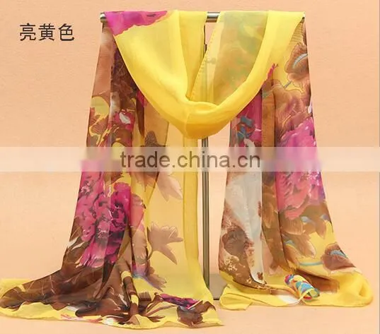 Fashion Women Chiffon Scarf Spring Summer Peony Flower Printing Elegant Lady Shawls Scarves photo-4
