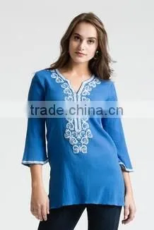 Beautiful Kurti Tunic Womens Embroidered Beach Tunic Tops Blouse Beaded Neckline Kurti for Girls Solid Cotton Viscose Long Beach photo-6