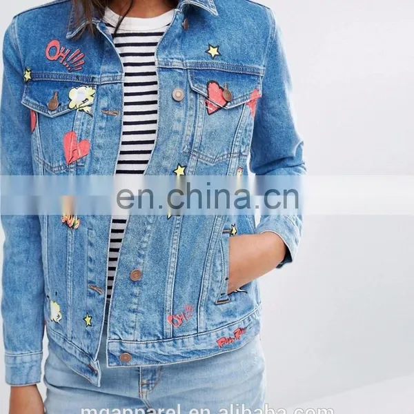 New Design 100% Cotton Jeans Jacket Women Badge Detail Jean Jacket Wholesale photo-4