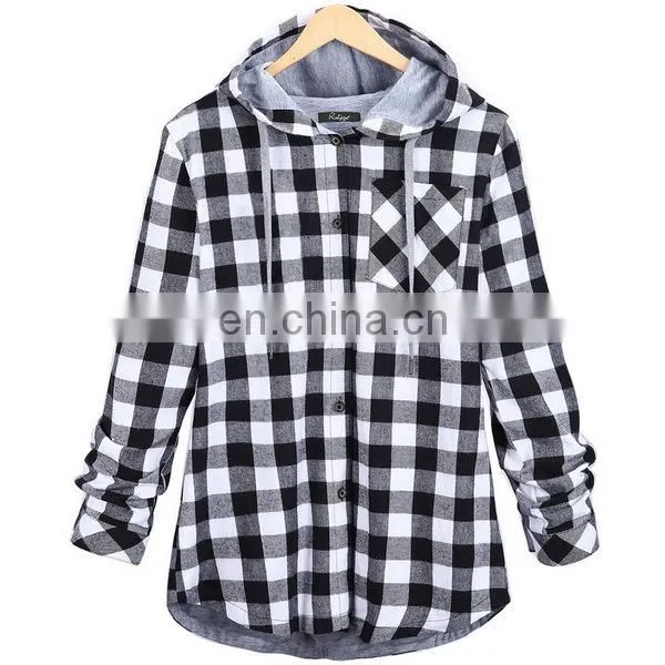 2016 Popular Plaid Hoodie Button Down Ladies Fall Plaid Tops photo-4