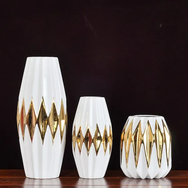 Rhombus Polyhedron Gild Silver Fashion Light Luxury Ceramic Vase For Indoor Decor photo-3