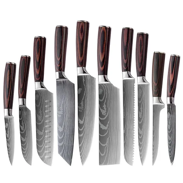 10pcs Japanese Chef Kitchen Knives Set With Damascus Pattern and Sheath Covers Professional High Carbon Stainless Steel Knife Sets for Vegetable Meat Fruit Cutting photo-2