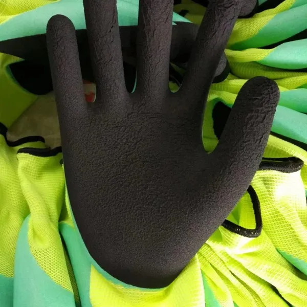 Yellow Polyester 13 Gauge Knitted Foamed Latex Palm Double Coated and Fingers Coated Breathable Work Gloves photo-2