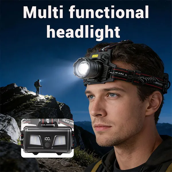 Wholesale Dual Color White Laser Headlamp With Battery Backpack Rear Warning Light Motion Sensor Power Bank Rechargeable Outdoor Head Torch photo-2