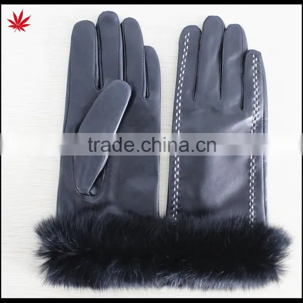 Rabbit Fur Trim Leather Gloves Women Leather Gloves photo-2